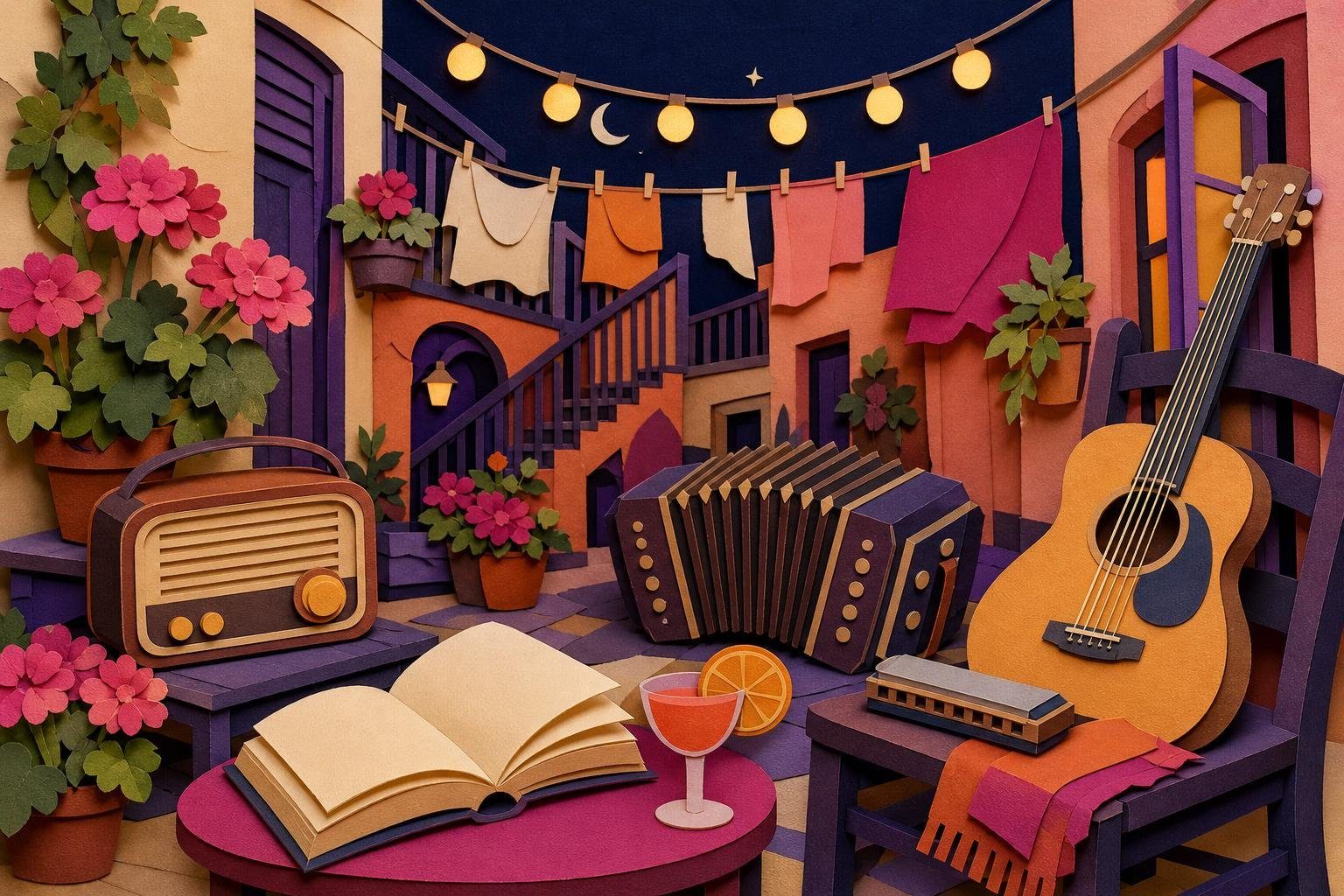 Patio de conventillo con guitarra, armónica, radio antigua, diccionario abierto y bandoneón bajo luces cálidas (imagen generada con AI)