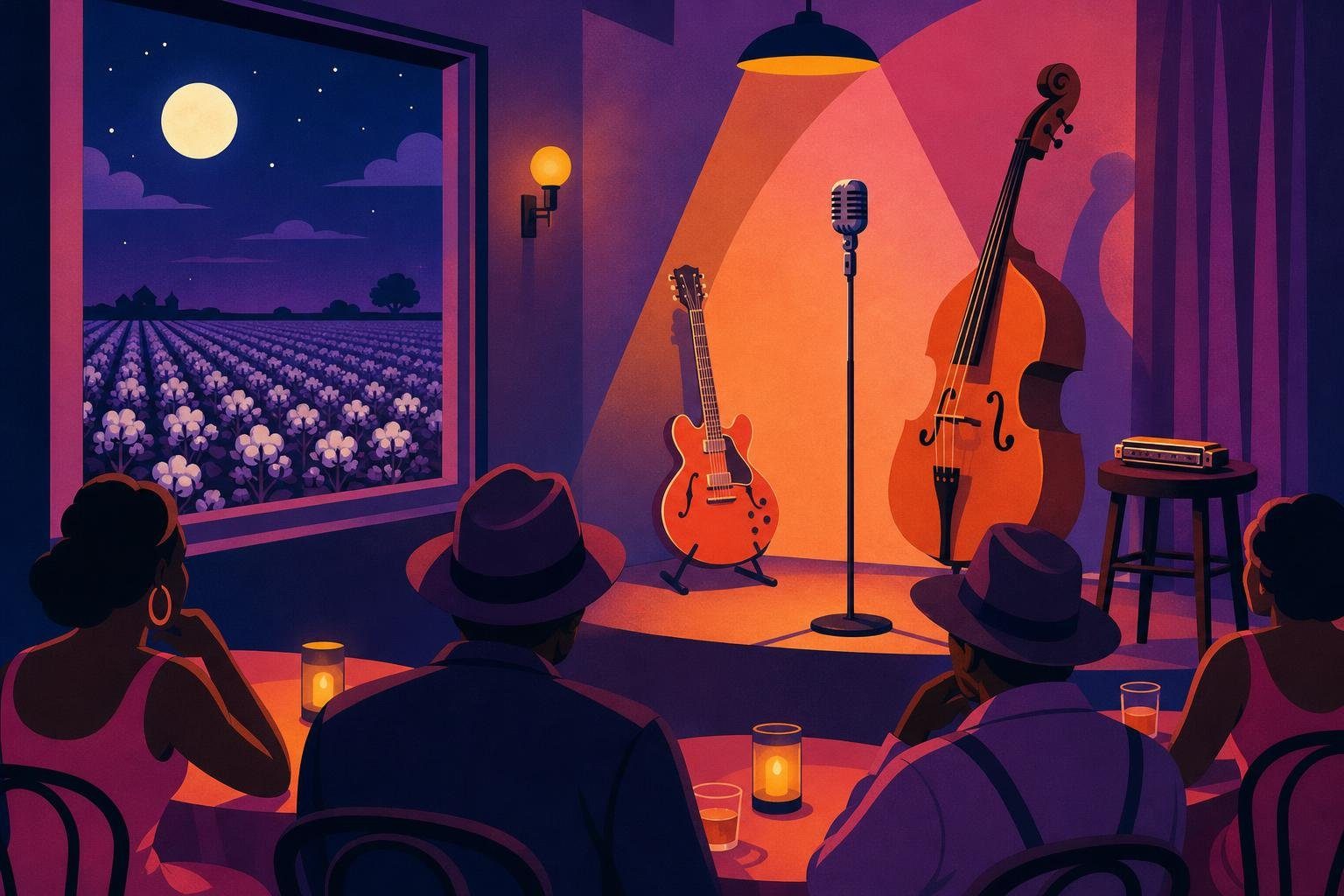 Club de blues nocturno con guitarra eléctrica, contrabajo y armónica, y un campo de algodón en la ventana (imagen generada con AI)