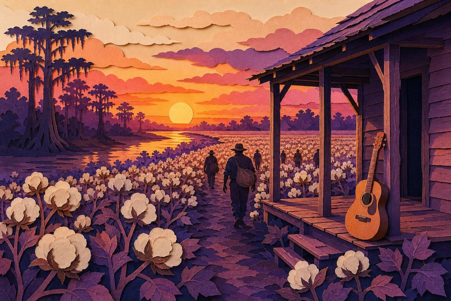 Campos de algodón del Delta al atardecer, con una cabaña de madera y una guitarra en el porche (imagen generada con AI)