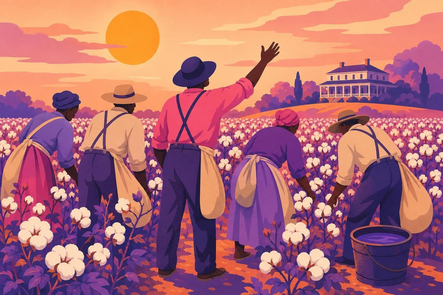 Trabajadores de espaldas cantando en un campo de algodón bajo el sol, uno con el brazo en alto (imagen generada con AI)