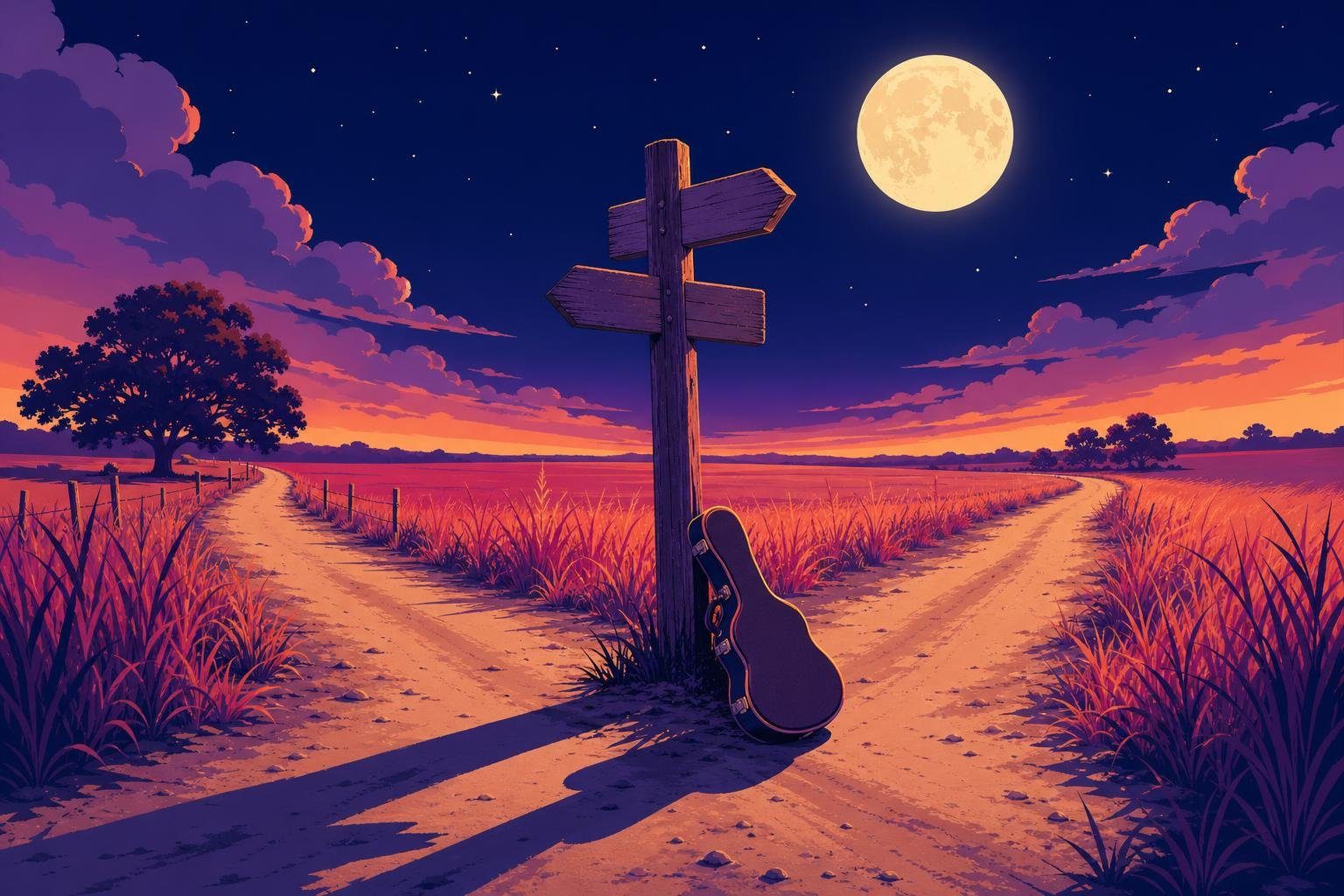 Cruce de dos caminos de tierra a medianoche, con luna llena y un estuche de guitarra (imagen generada con AI)