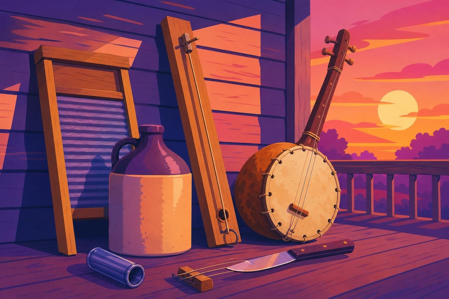 Instrumentos caseros del blues: tabla de lavar, jarra, guitarra de una cuerda y banjo primitivo (imagen generada con AI)