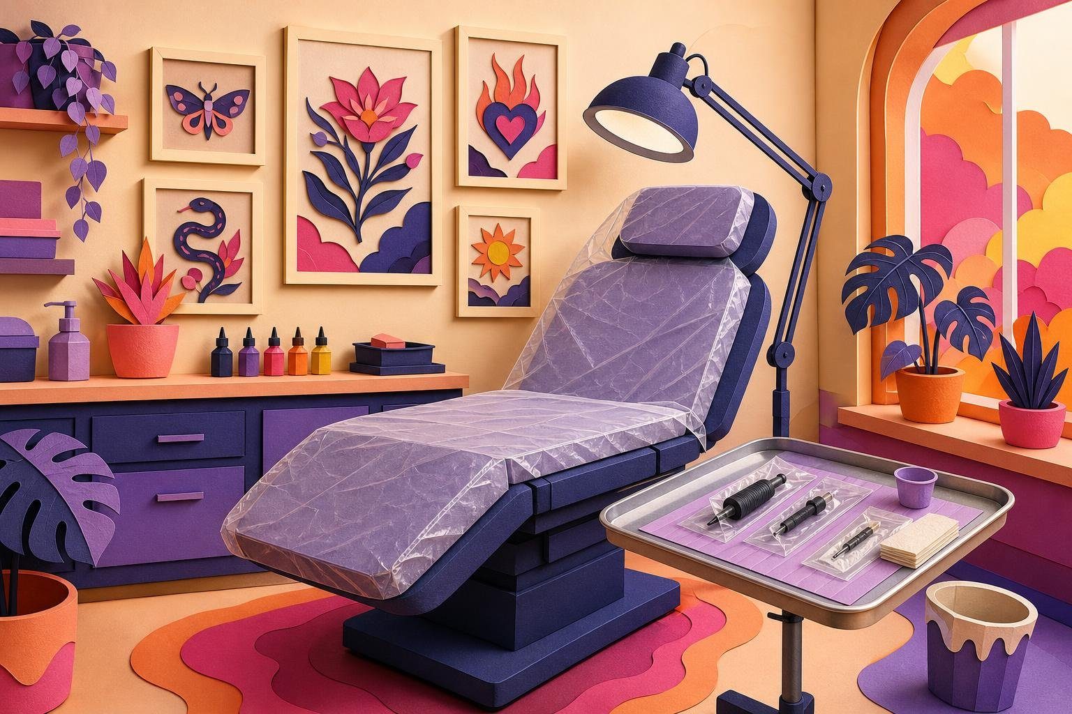 Estudio de tatuajes limpio y luminoso con camilla, bandeja metálica y lámpara articulada. (imagen generada con AI)