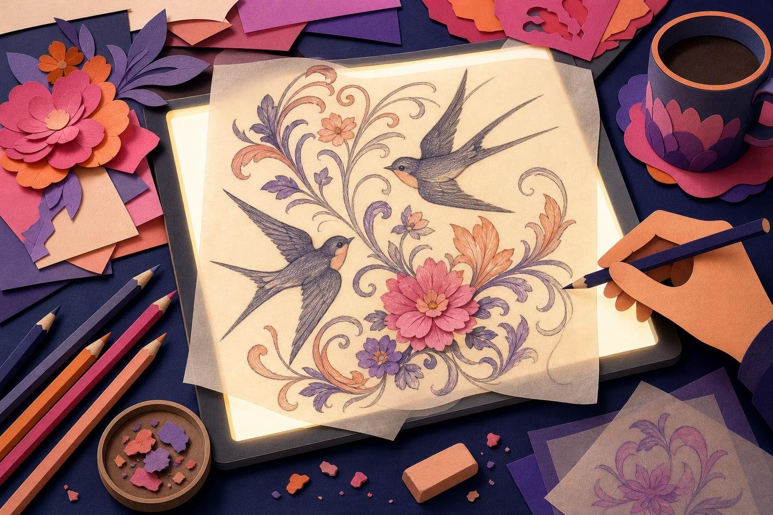 Mesa de dibujo con papel de calco, lápices y un diseño original de golondrinas y flores. (imagen generada con AI)