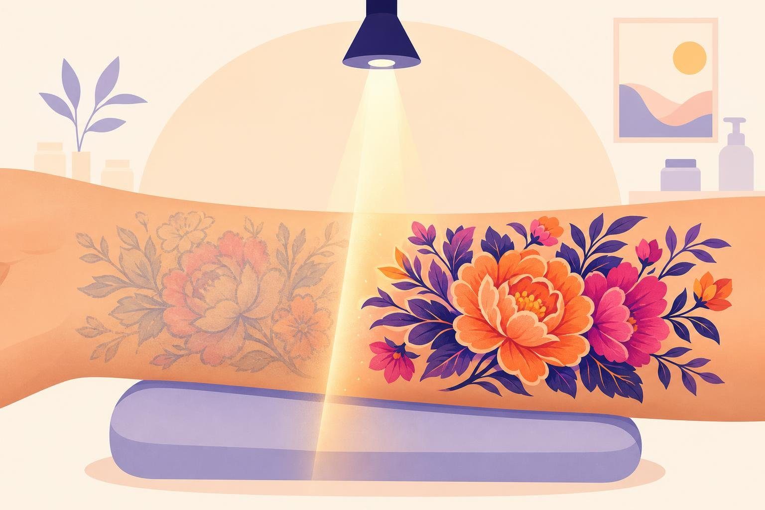 Silueta de antebrazo con un motivo floral desvaído de un lado y renovado del otro. (imagen generada con AI)