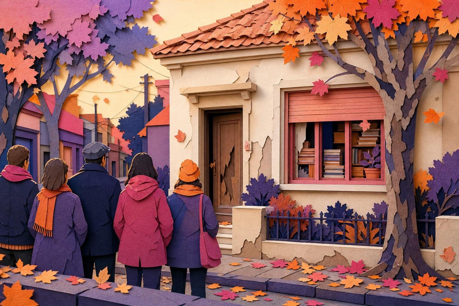 Casa de barrio con la puerta dañada y vecinos reunidos en la vereda en otoño (imagen generada con AI)