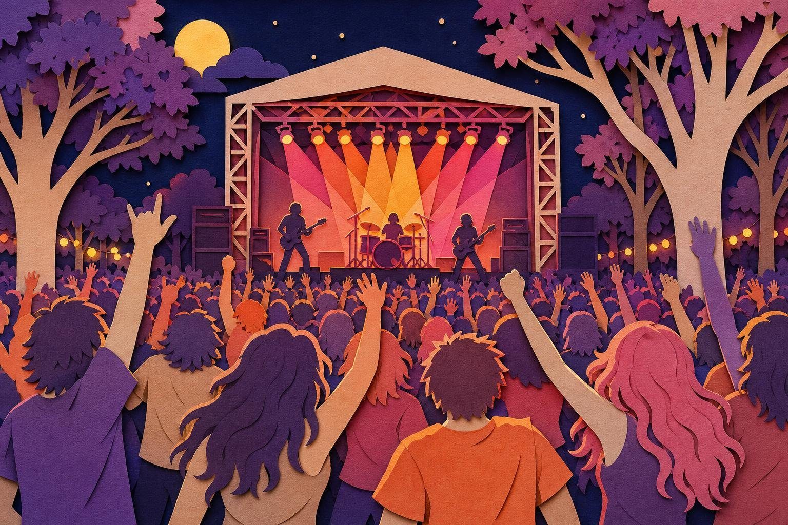 Escenario de rock al aire libre de noche en un parque, con luces y público de espaldas (imagen generada con AI)