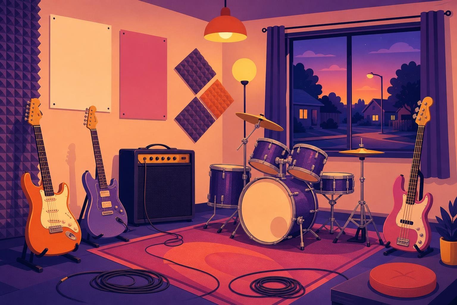 Sala de ensayo con guitarras eléctricas, batería gastada y amplificador en una casa de barrio (imagen generada con AI)