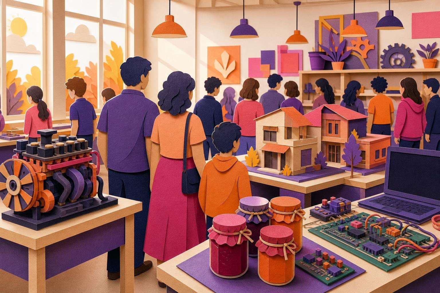 Muestra escolar con maquetas, un motor, frascos de mermelada y familias recorriendo los puestos (imagen generada con AI)