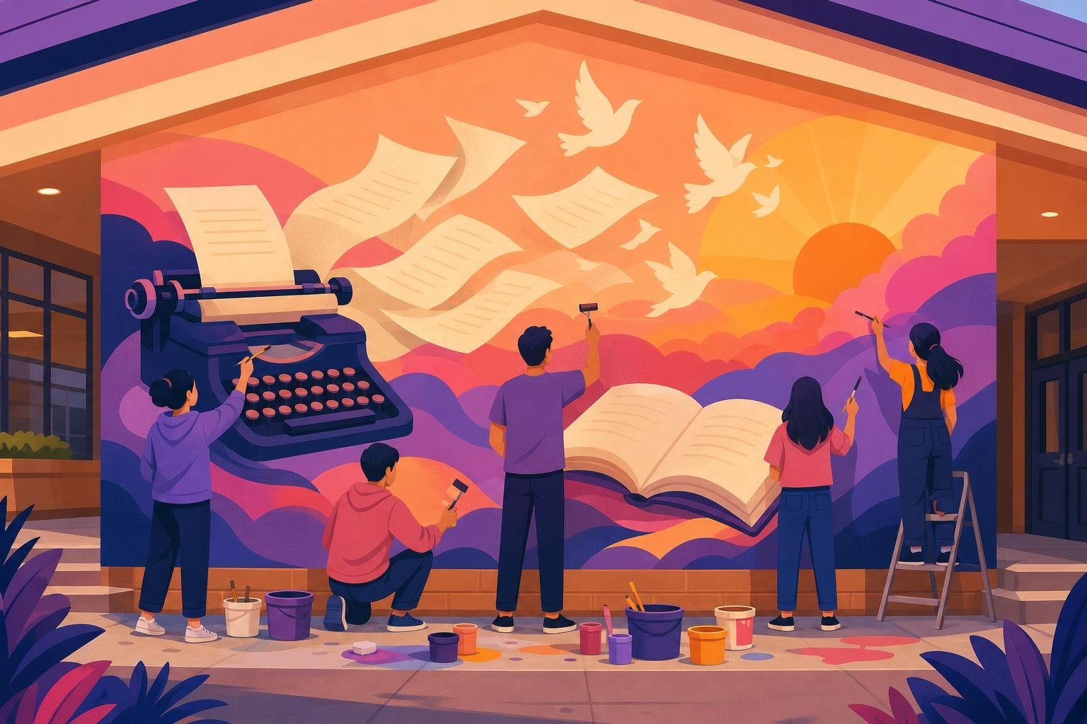 Alumnos de espaldas pintando un mural con una máquina de escribir y hojas que se vuelven palomas (imagen generada con AI)