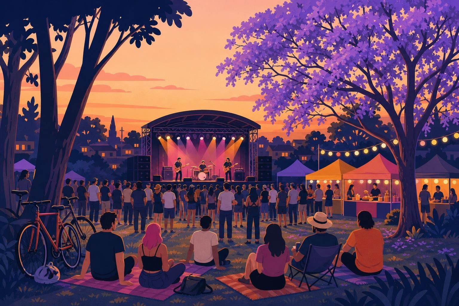 Festival de rock al aire libre en un parque suburbano con escenario, luces y público de espaldas (imagen generada con AI)
