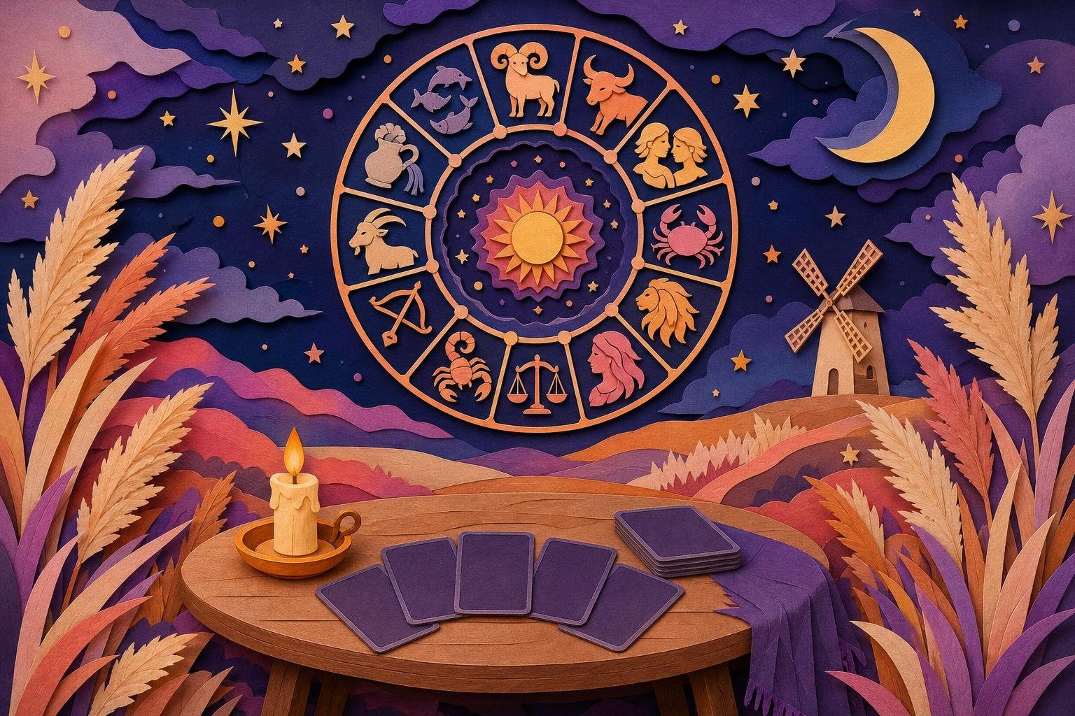 Rueda zodiacal entre estrellas sobre la llanura con cartas boca abajo y una vela (imagen generada con AI)