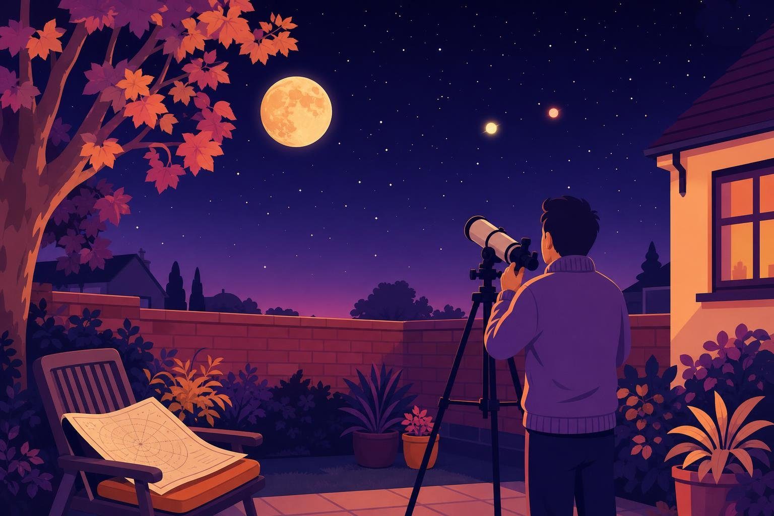 Aficionado de espaldas mirando la Luna con un telescopio en un patio de noche (imagen generada con AI)
