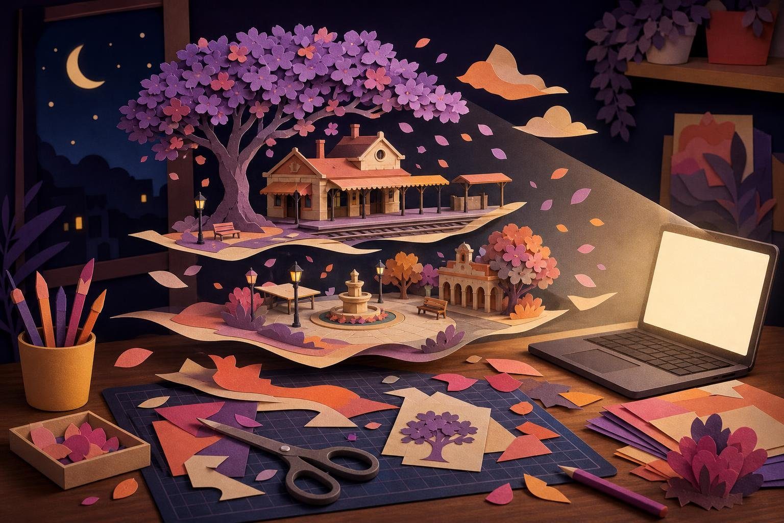 Mesa de ilustrador con tijeras y papeles de colores que forman un jacarandá, una estación y una plaza (imagen generada con AI)