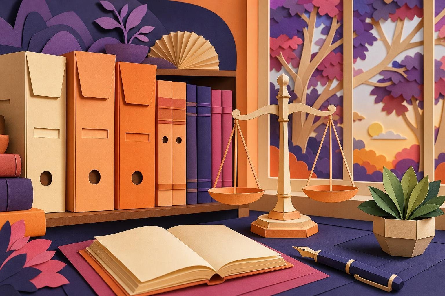 Escritorio de biblioteca con cajas de archivo, balanza de papel y cuaderno abierto junto a una ventana (imagen generada con AI)