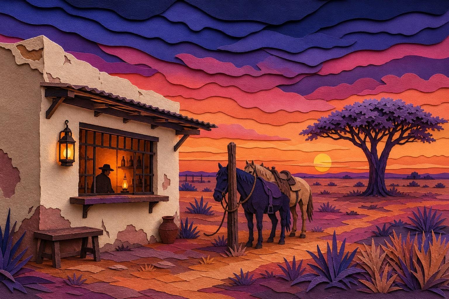 Pulpería de adobe en la llanura al atardecer con caballos atados y un ombú (imagen generada con AI)