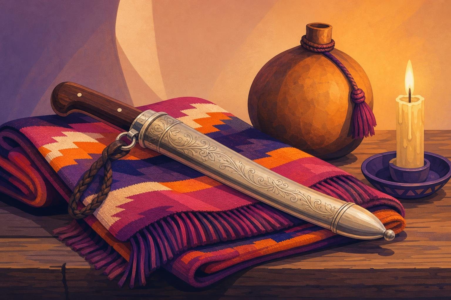 Facón en su vaina sobre un poncho doblado en una mesa de madera (imagen generada con AI)