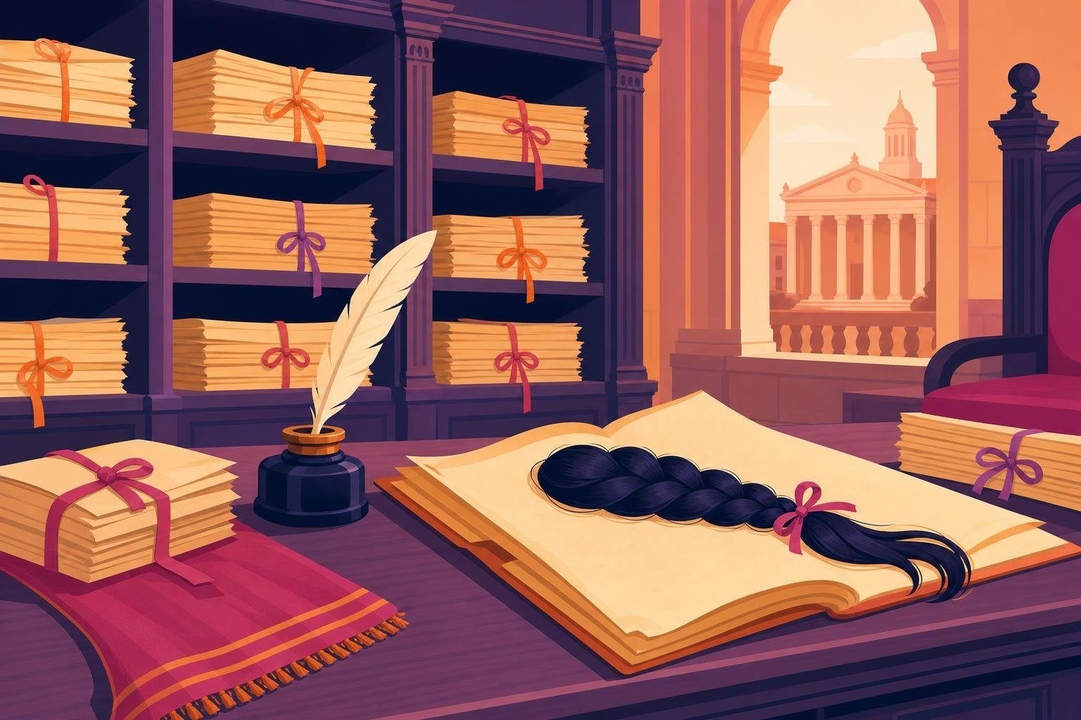 Archivo colonial con legajos atados y una trenza de pelo sobre un expediente (imagen generada con AI)