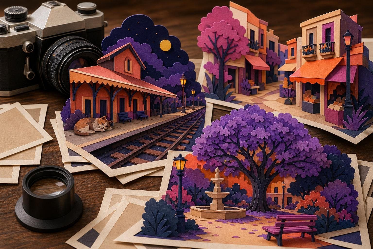 Mesa con cámara antigua y copias de fotos de las que surgen una estación, una peatonal y una plaza (imagen generada con AI)