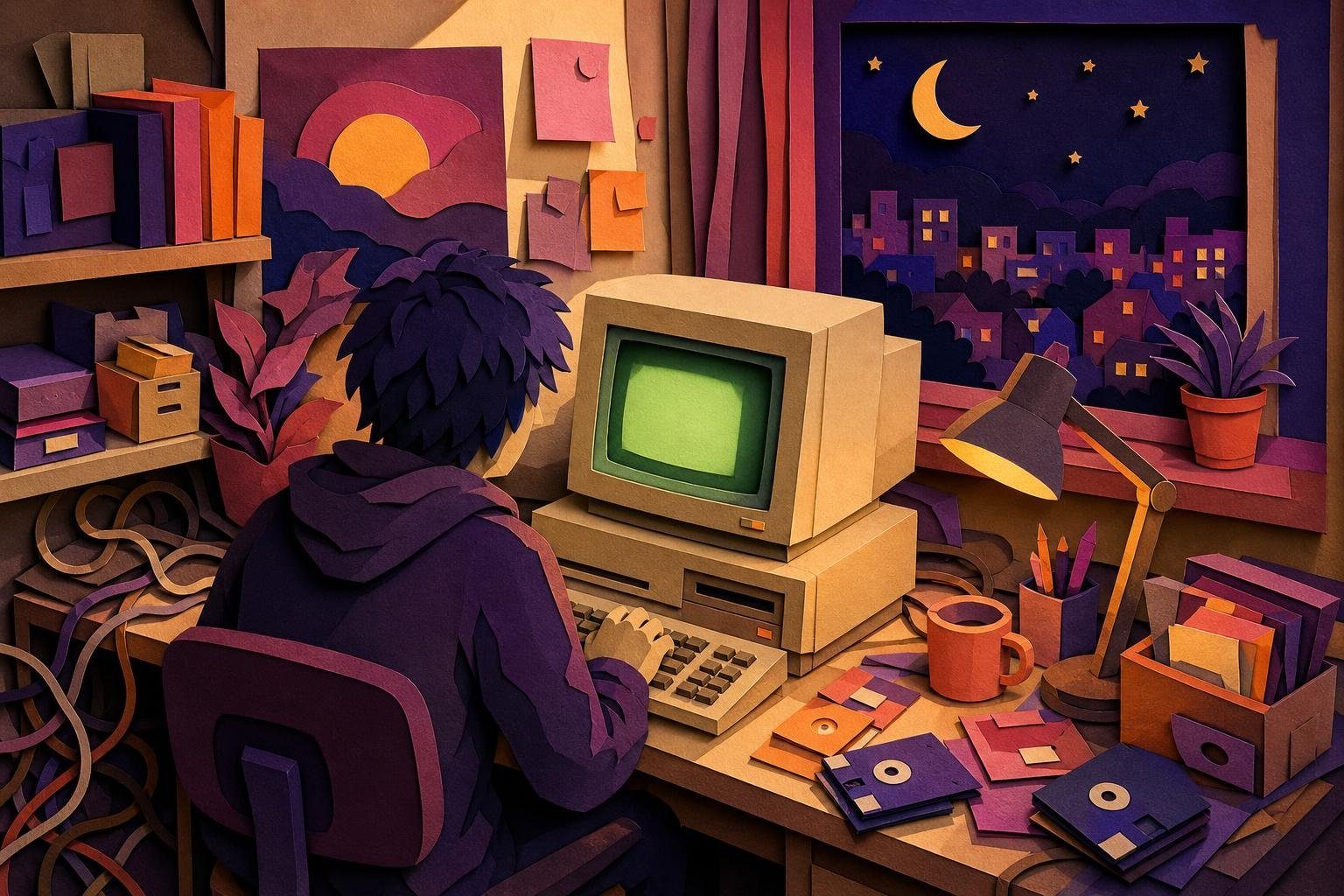 Computadora antigua con pantalla verde encendida en un cuarto de noche (imagen generada con AI)