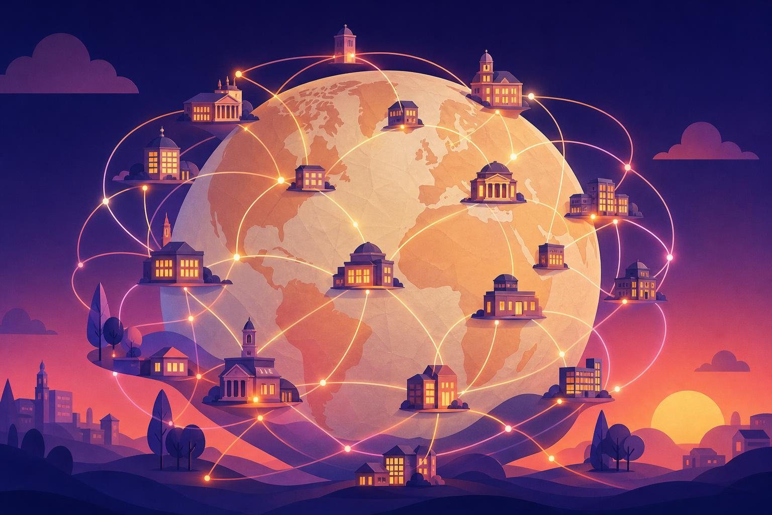 Red de nodos luminosos que envuelve un globo de papel conectando edificios (imagen generada con AI)