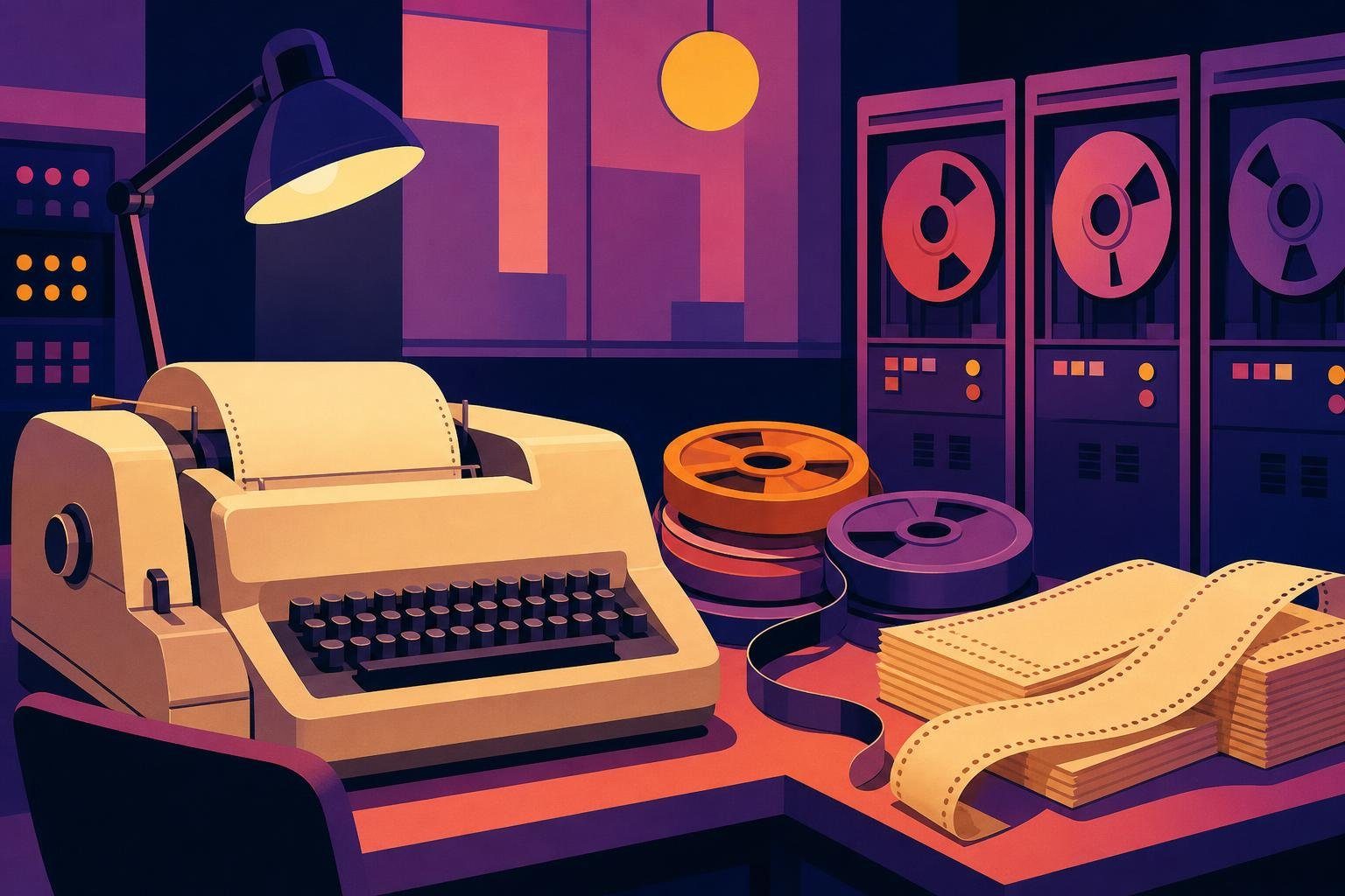 Laboratorio informático antiguo con terminal teletipo y cintas magnéticas (imagen generada con AI)