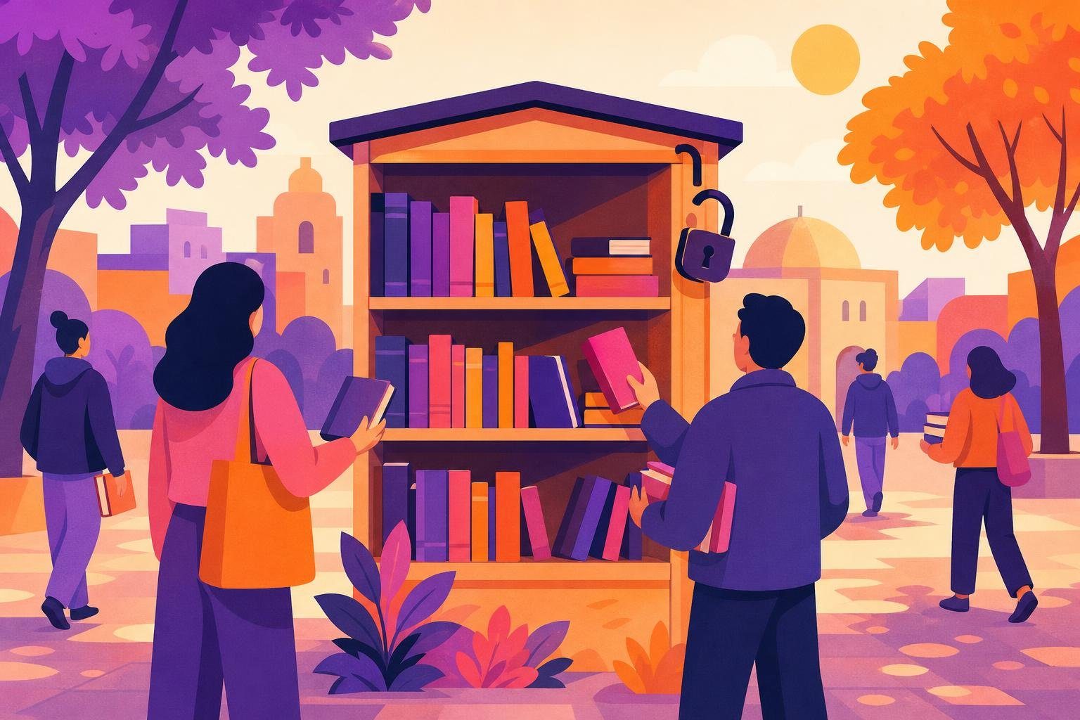 Biblioteca abierta en una plaza con gente de espaldas tomando libros (imagen generada con AI)