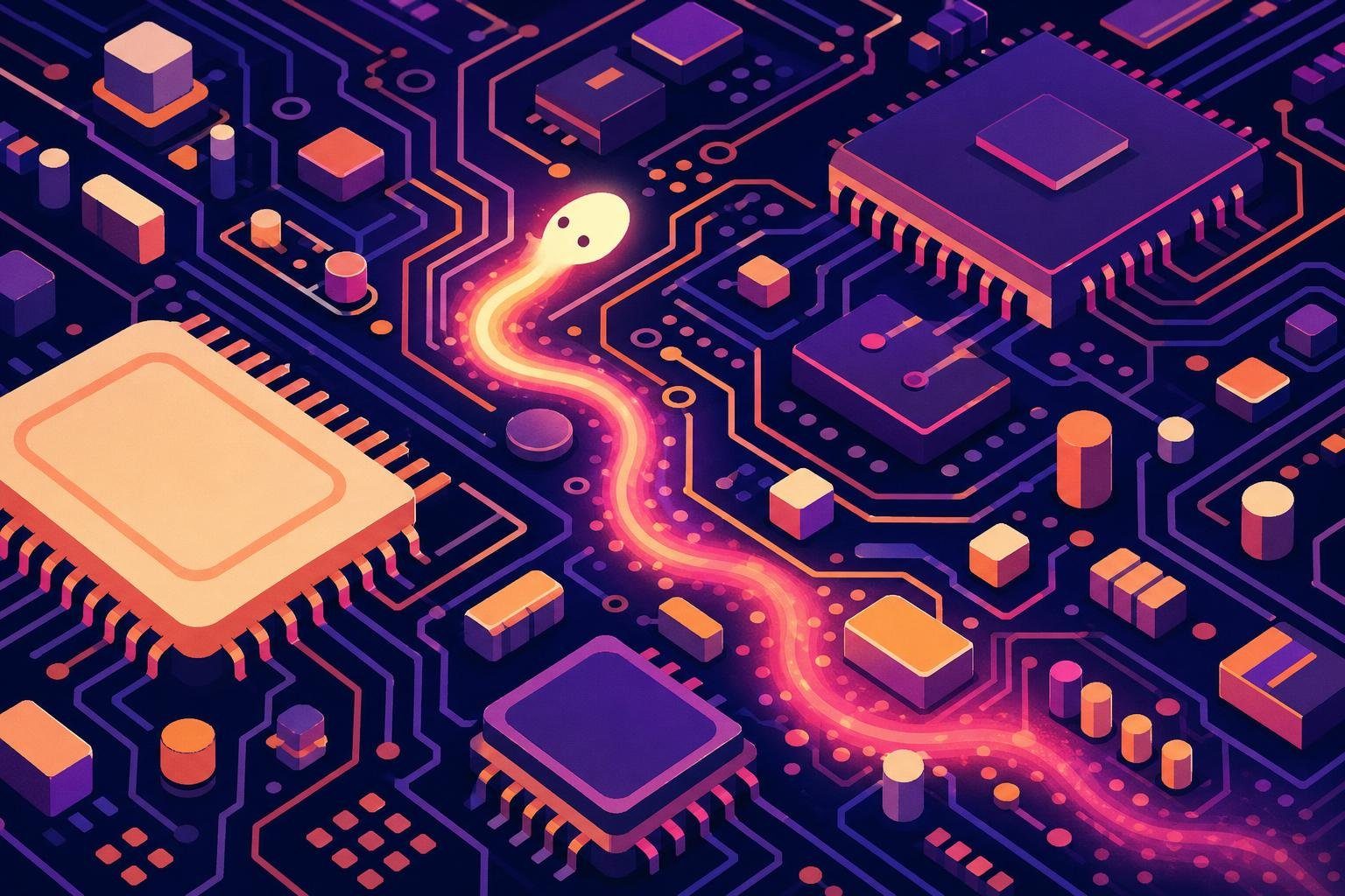 Placa de circuito vista de cerca con una criatura de luz avanzando entre chips (imagen generada con AI)