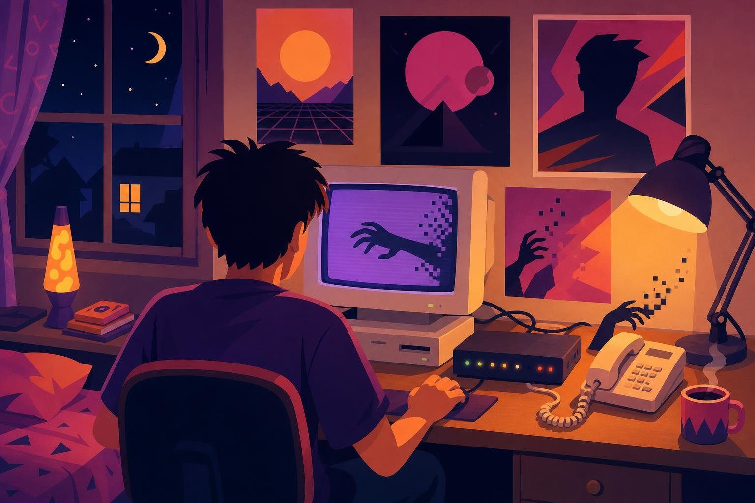 Cuarto juvenil de los noventa de noche con módem, monitor y teléfono (imagen generada con AI)