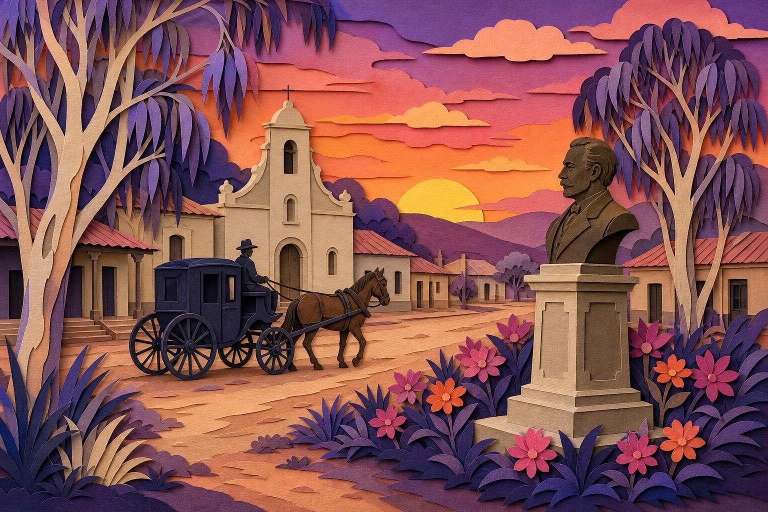 Plaza de un pueblo pampeano antiguo con un busto entre flores y un carruaje (imagen generada con AI)