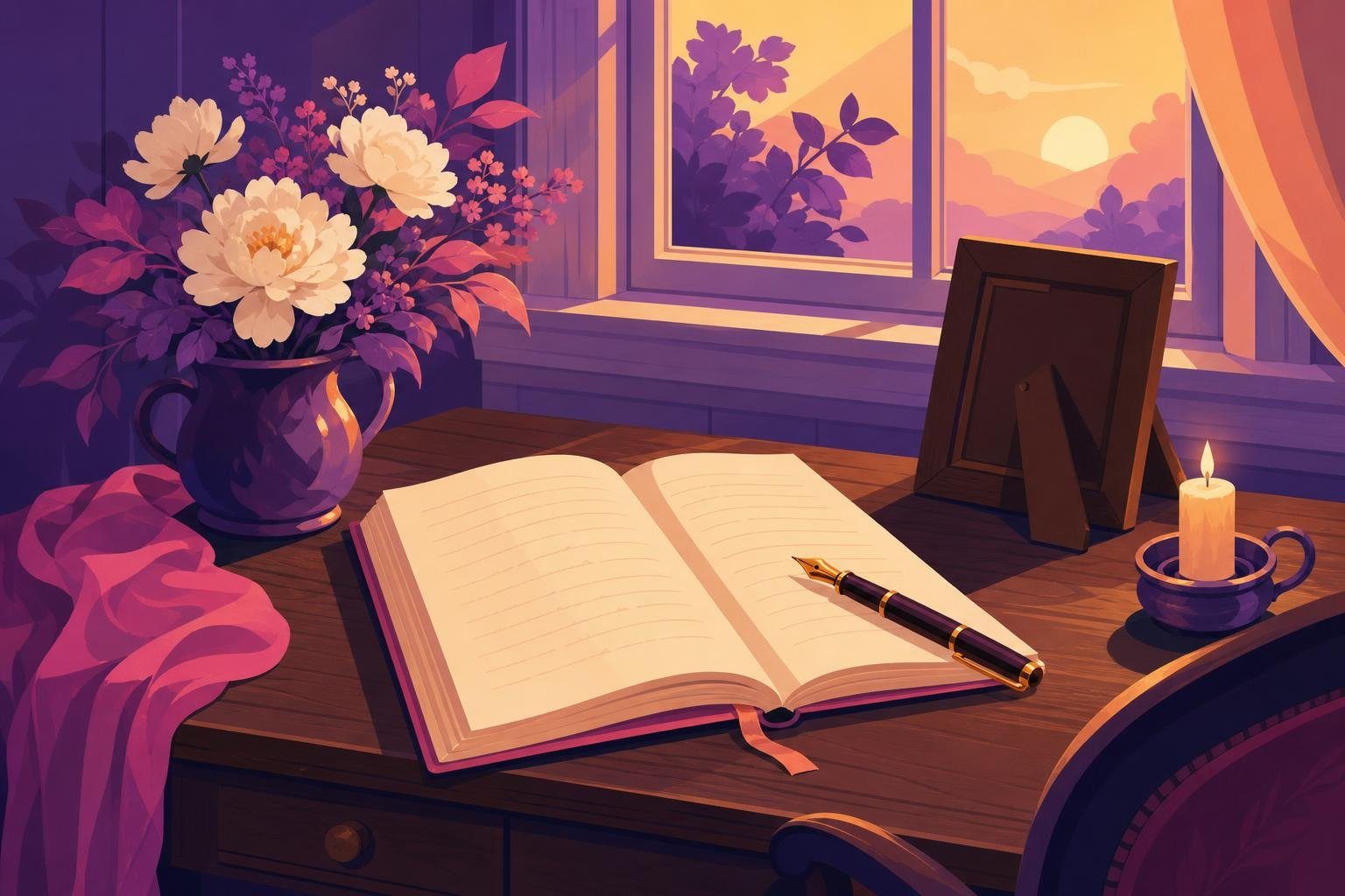 Escritorio con cuaderno abierto, pluma y flores blancas junto a una ventana (imagen generada con AI)