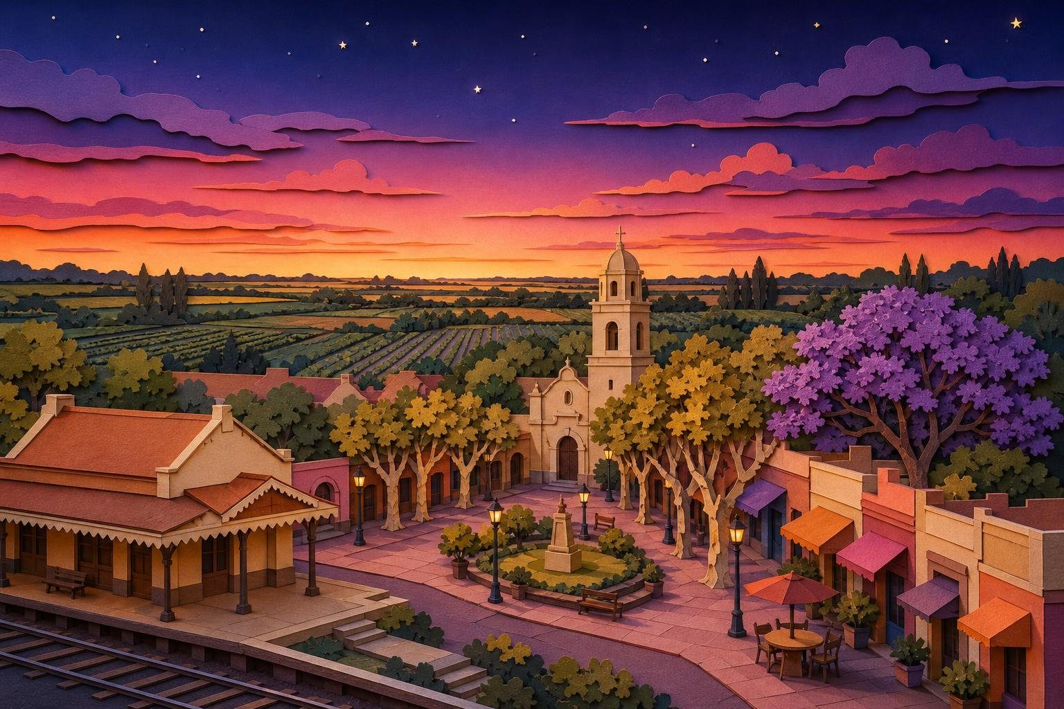 Pueblo del conurbano sur al atardecer con estación, plaza, jacarandá en flor y quintas en el horizonte (imagen generada con AI)