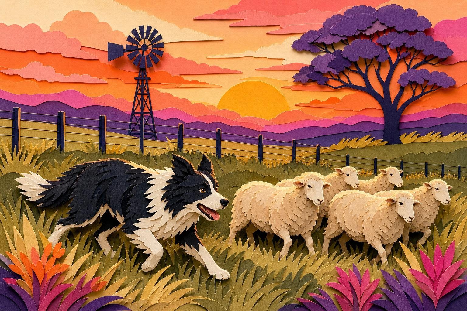 Perro pastor blanco y negro guiando ovejas por un campo verde al atardecer (imagen generada con AI)
