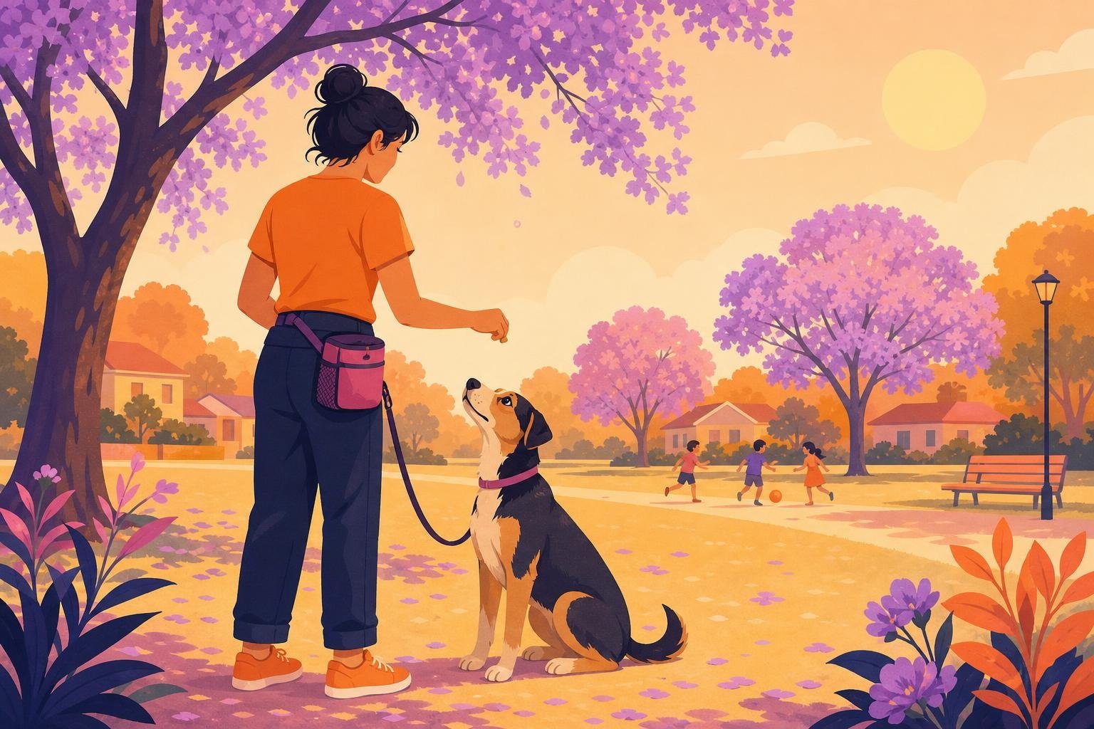 Persona de espaldas entrenando a un perro sentado en una plaza de barrio (imagen generada con AI)