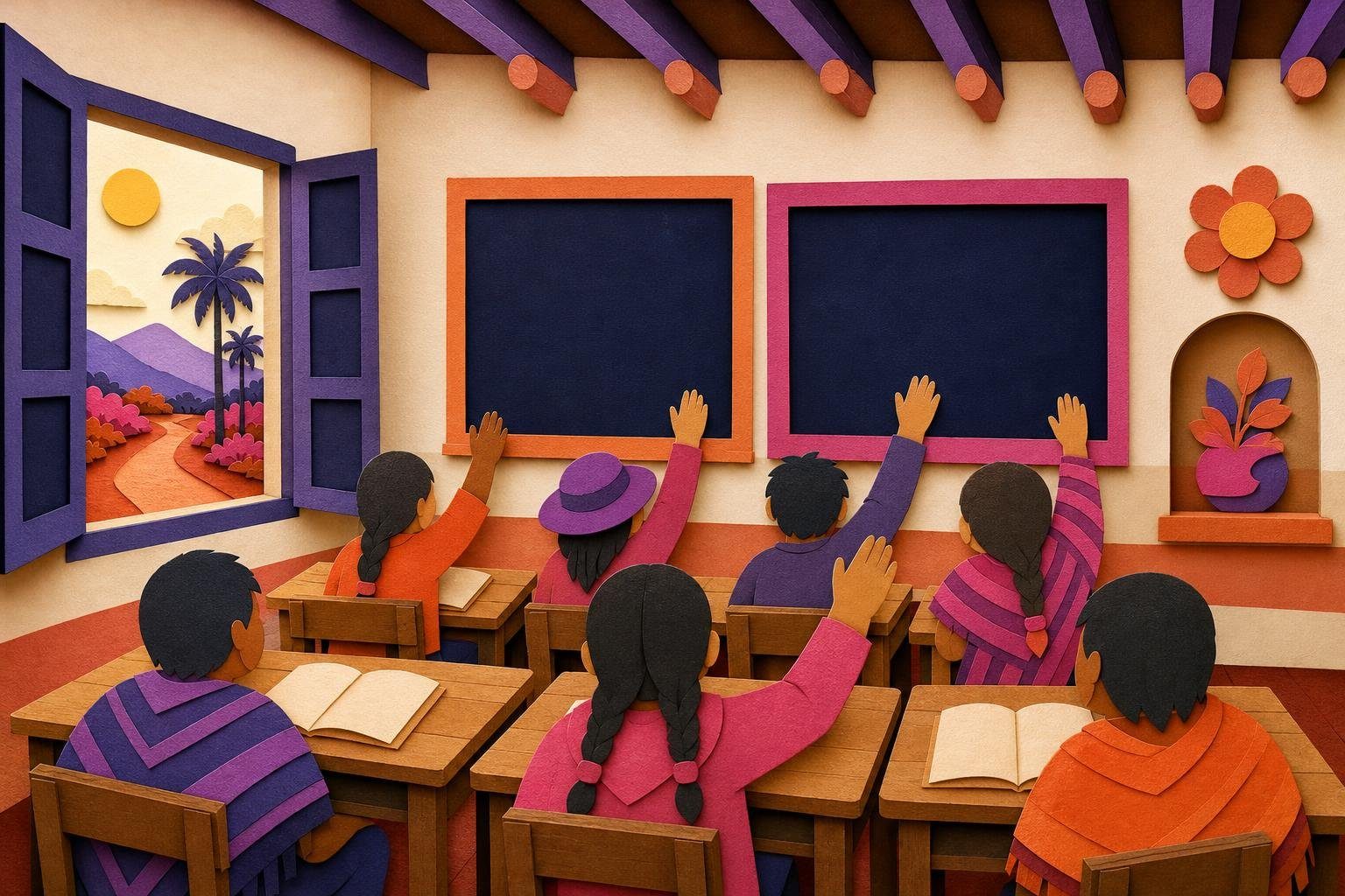 Aula rural con dos pizarrones en blanco y chicos de espaldas levantando la mano (imagen generada con AI)
