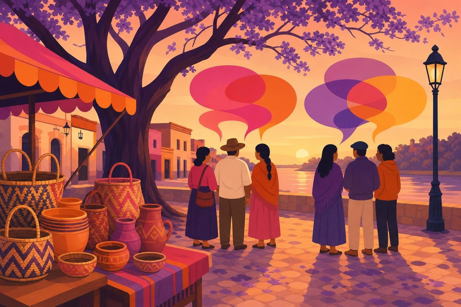 Plaza ribereña al atardecer con un puesto de canastos y gente conversando (imagen generada con AI)