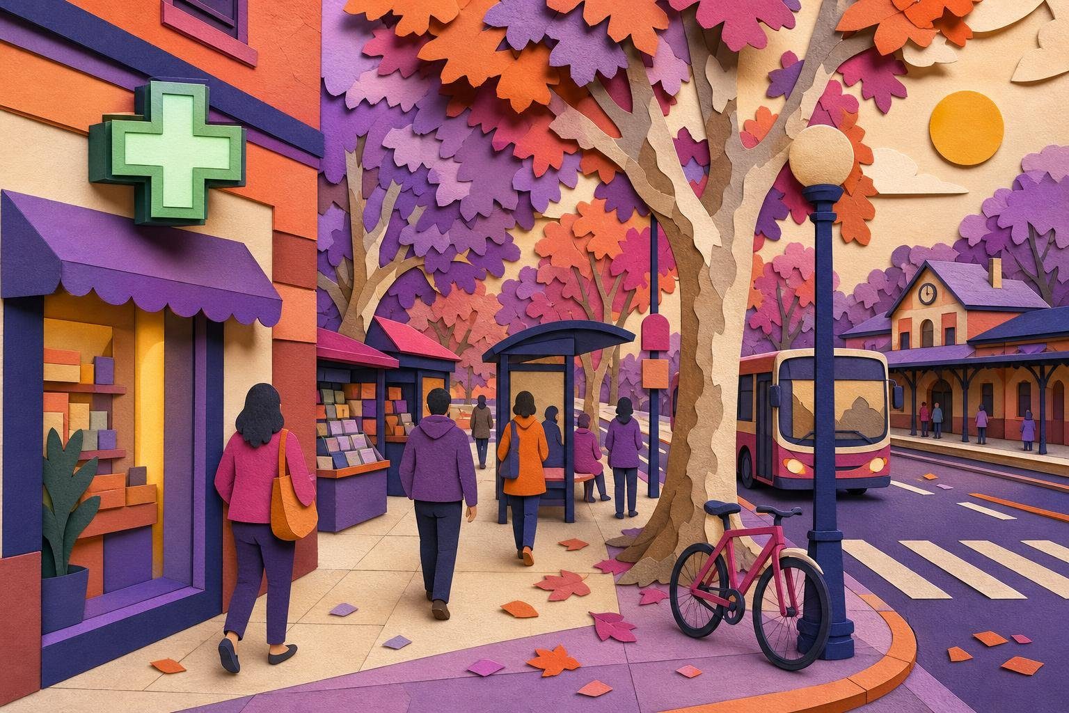Esquina suburbana con farmacia iluminada, parada de colectivo, kiosco y estación de tren al fondo (imagen generada con AI)