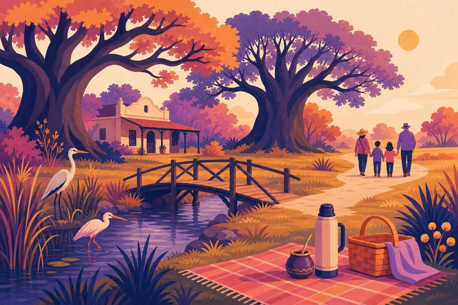 Reserva natural con casa antigua entre ombúes, puente de madera sobre un arroyo y aves en los juncos (imagen generada con AI)