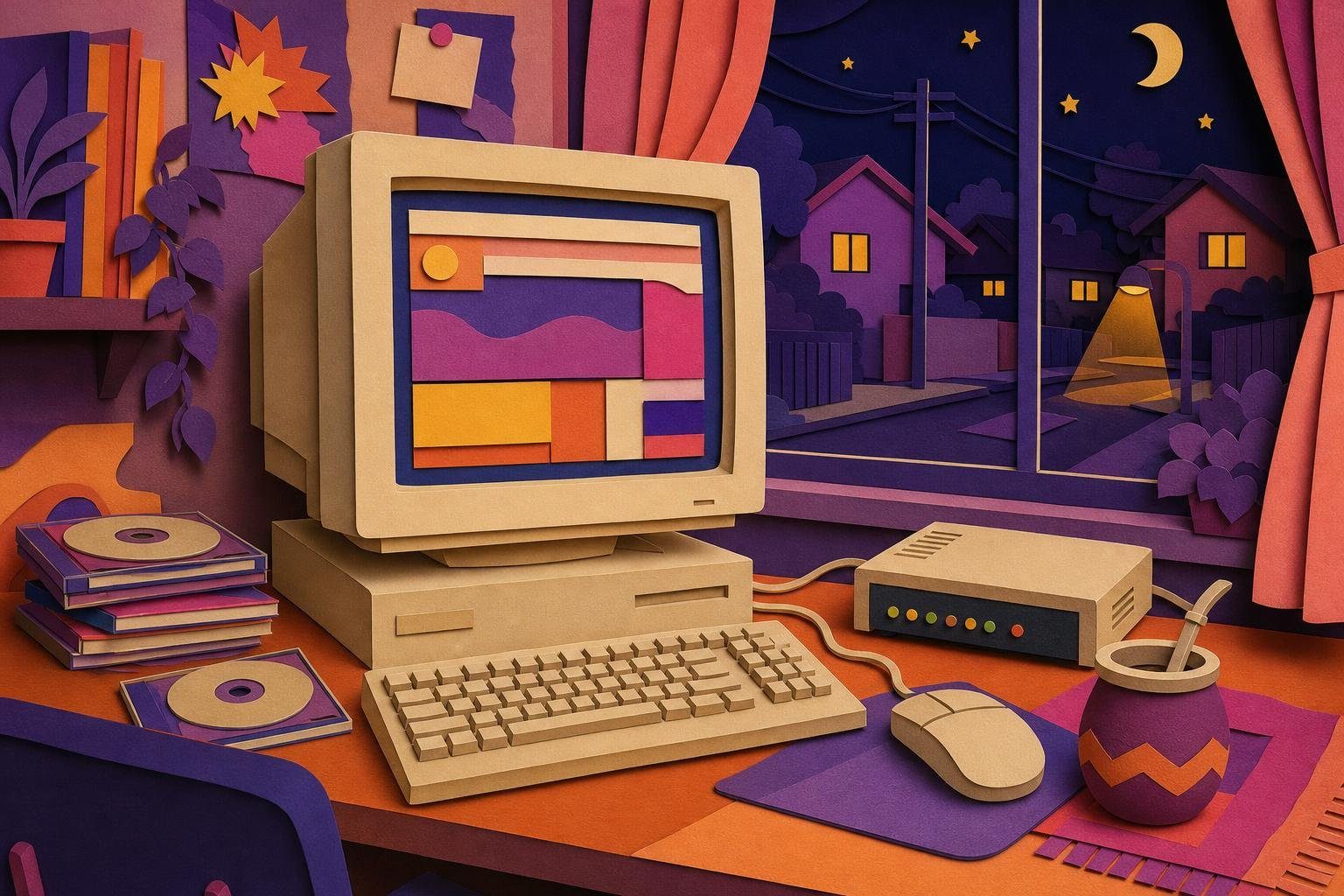 Escritorio de los años 2000 con un monitor voluminoso, un módem, discos compactos y un mate (imagen generada con AI)