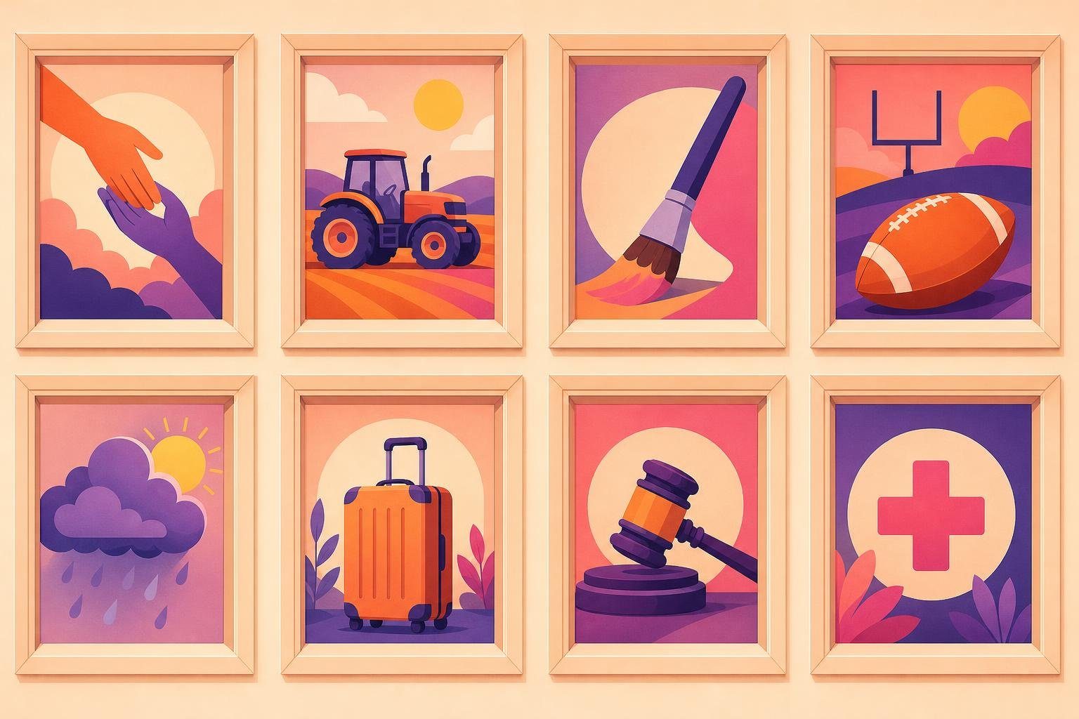 Pared de pequeñas ventanas con escenas de categorías como campo, arte, fútbol, clima y salud (imagen generada con AI)