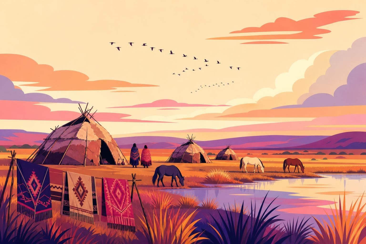 Toldos indígenas junto a una laguna pampeana con caballos y ponchos tejidos al viento (imagen generada con AI)