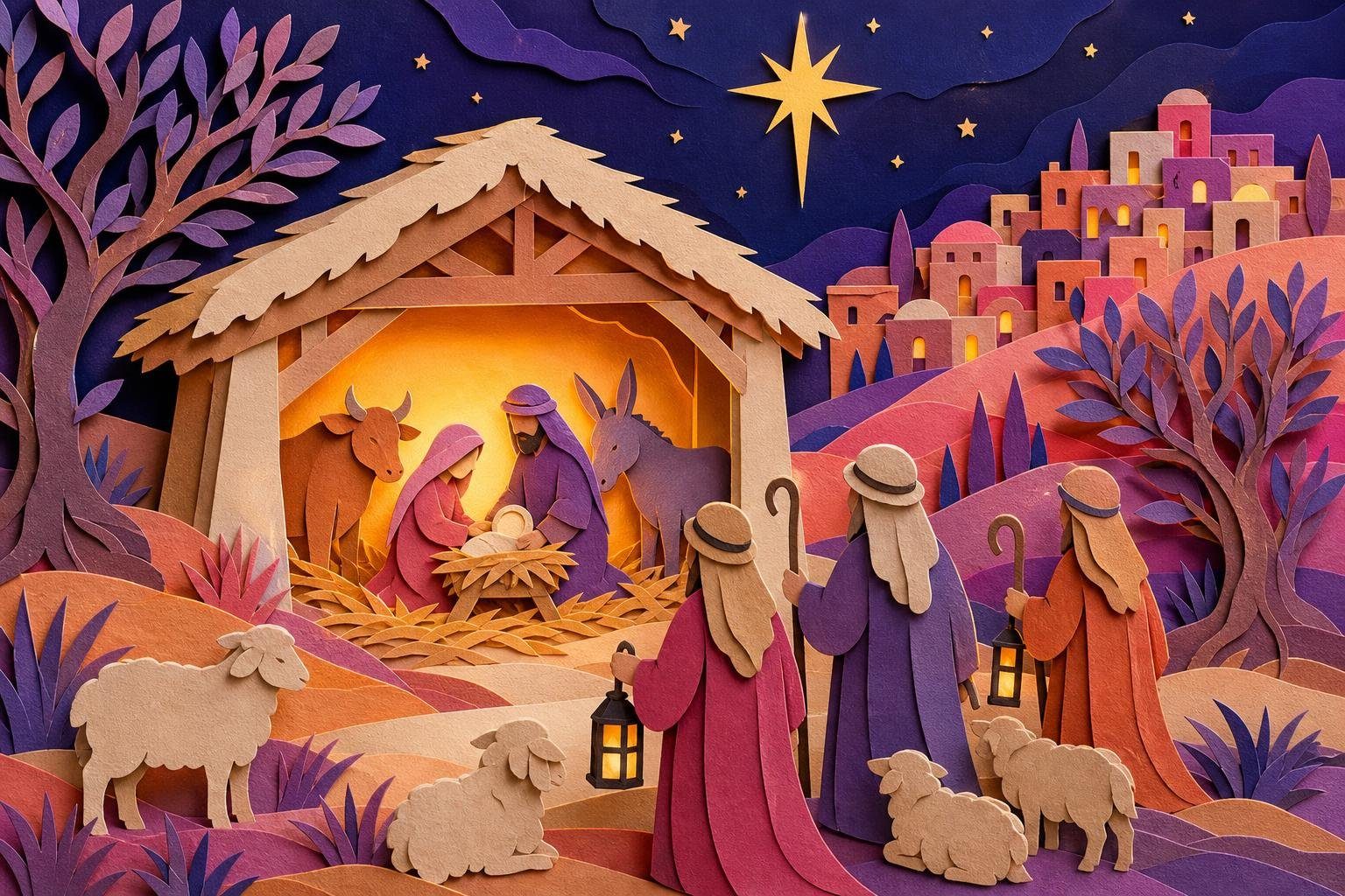 Pesebre en un establo con buey, burro y pastores de espaldas bajo una estrella (imagen generada con AI)