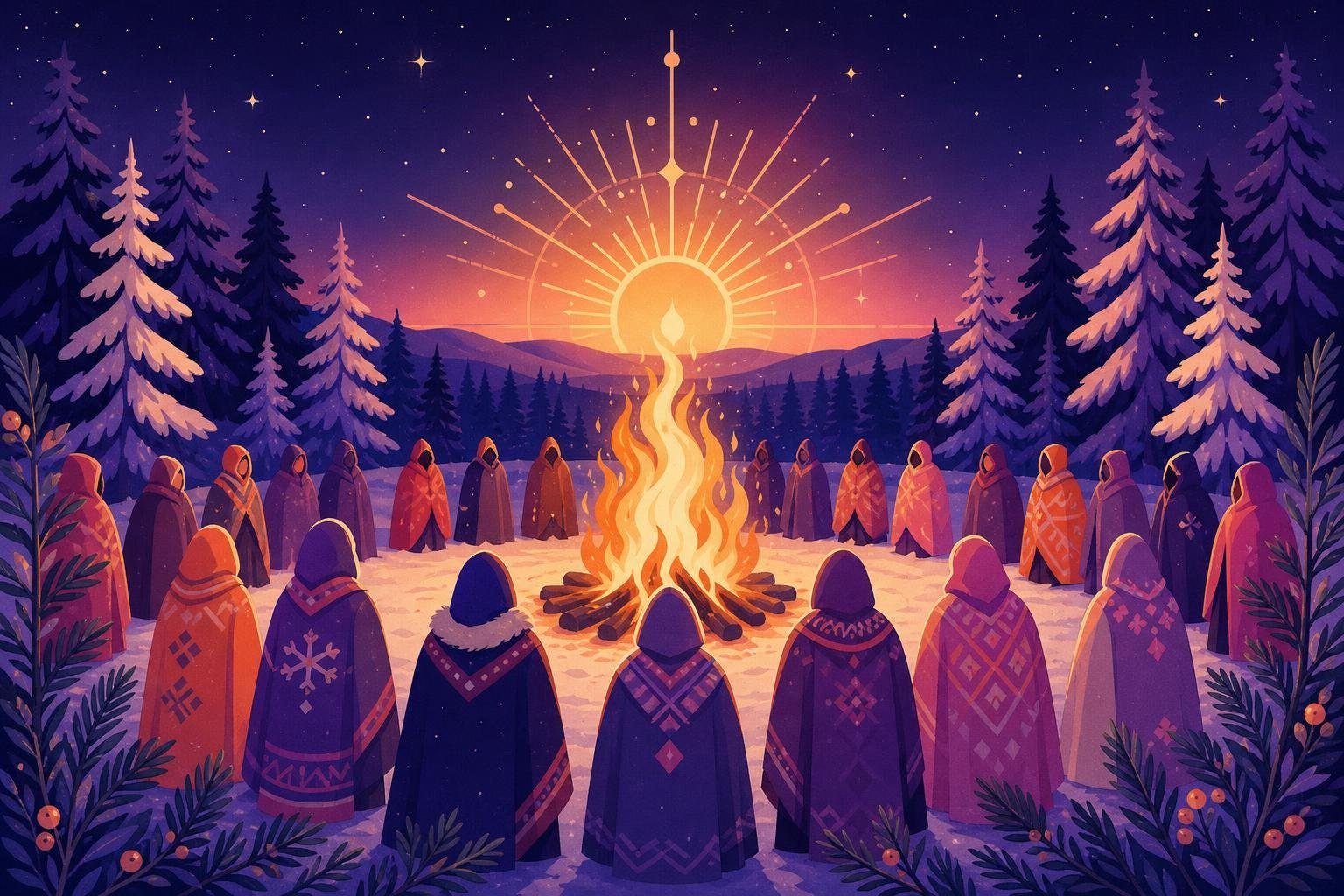 Fogata en un bosque nevado con figuras de espaldas celebrando el solsticio (imagen generada con AI)