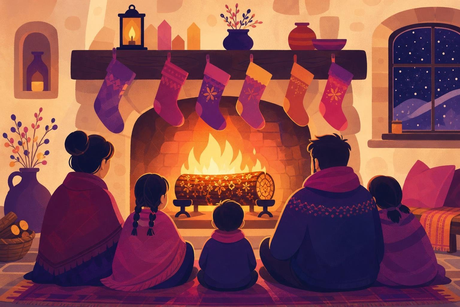 Familia de espaldas en ronda mirando arder un leño en la chimenea (imagen generada con AI)