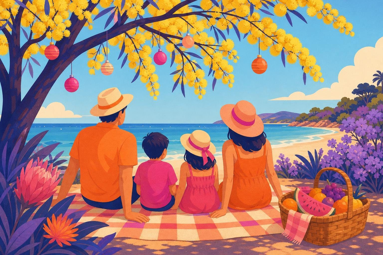 Picnic navideño de verano bajo un árbol de flores amarillas cerca de la playa (imagen generada con AI)