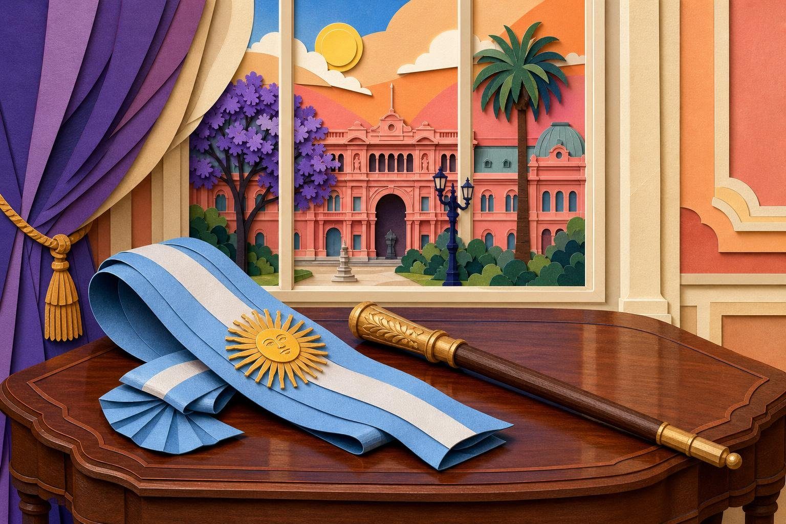 Banda presidencial celeste y blanca y bastón de mando sobre una mesa frente a una fachada rosada. (imagen generada con AI)