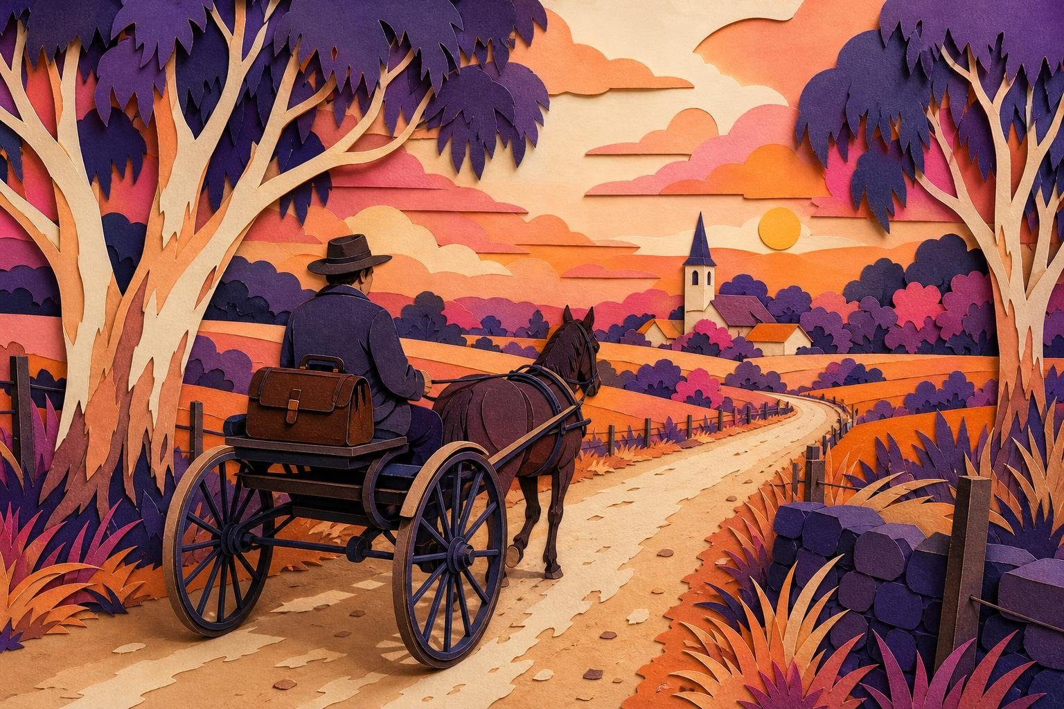 Sulky de médico rural por un camino de tierra entre quintas y eucaliptos (imagen generada con AI)