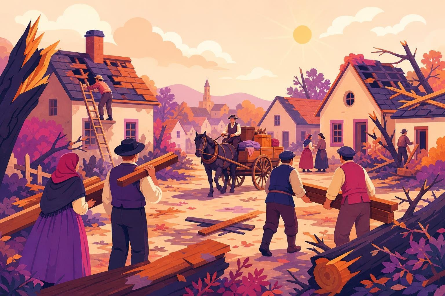 Pueblo del siglo XIX tras un ciclón, con árboles caídos y vecinos ayudándose (imagen generada con AI)